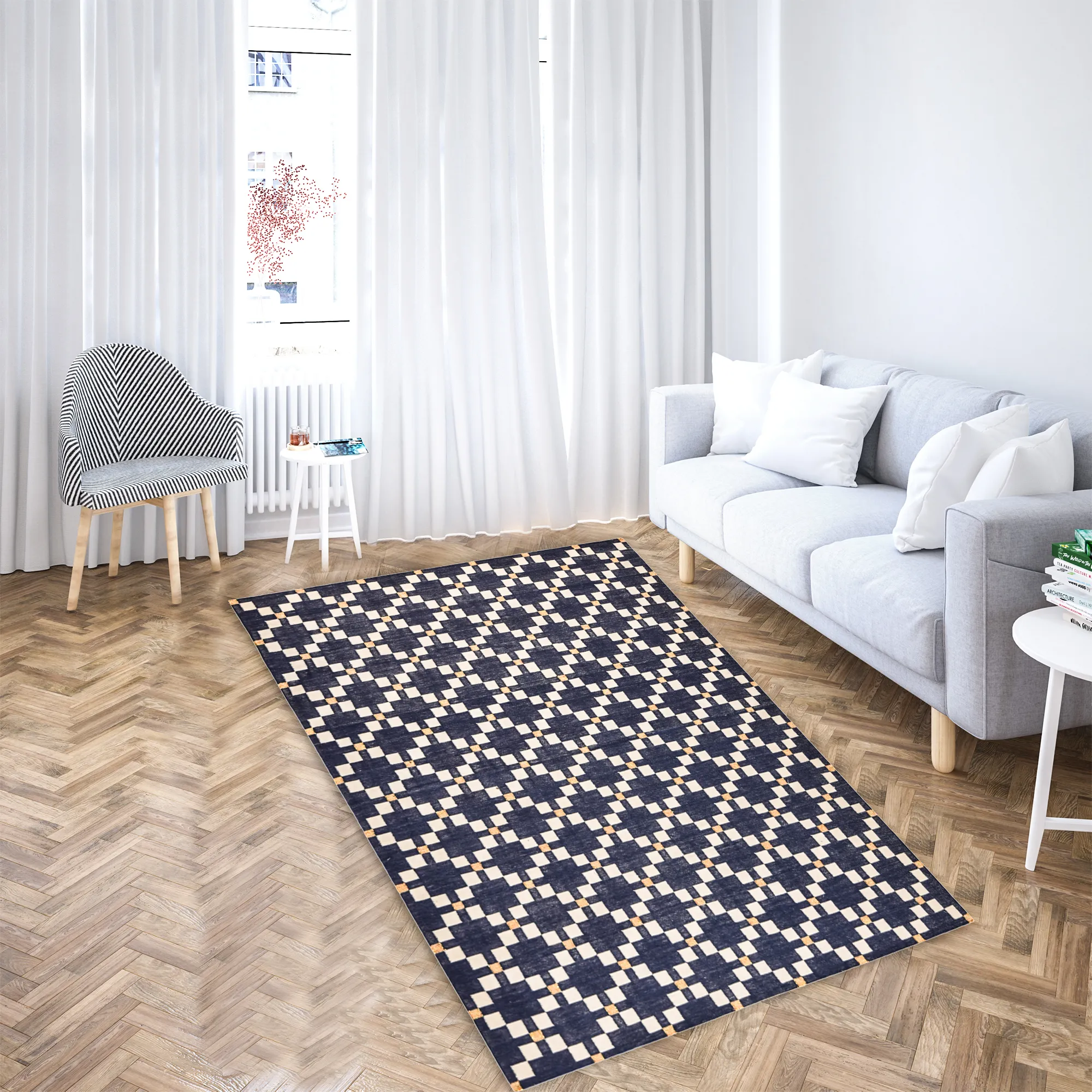 Cotton Woven Rug – Navy Blue & Ivory Paisley Trail (4 x 6 ft) - Image 3